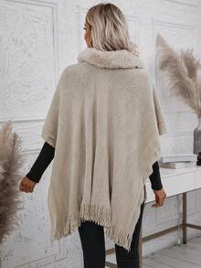 SHEIN Clasi Fuzzy Collar Fringe Trim Batwing Sleeve Duster Cardigan - Khaki - View 2