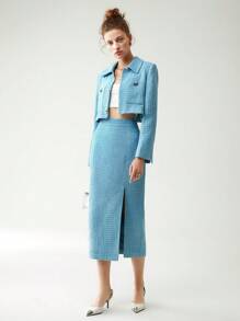 Chiquease High Waist Split Thigh Tweed Skirt - Blue - View 3