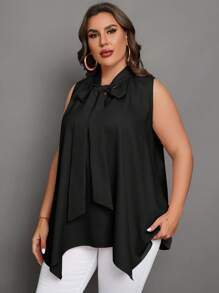 Chikora 大碼繫帶領不對稱下擺襯衫 - 黑色 - 查看 6