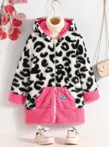 SHEIN 女小童豹紋圖案字母補丁細節連帽絨毛外套無毛衣 - 彩色 - 查看 5