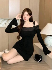 DAZY Solid Asymmetrical Neck Lace Trim Bodycon Dress,Casual Women Dresses,Fall Dress - Black - View 7