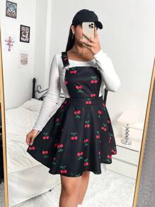 Flirla 大碼櫻桃圖案背帶洋裝不帶T恤 - 黑色 - 查看 1