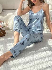 Butterfly Print Satin PJ Set / Pajama Set - Dusty Blue - View 5