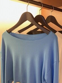 DAZY 纯色船领短款长袖T恤女款 - 藍色 - 查看 4