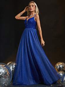 Contrast Sequin Mesh Overlay Cami Formal Dress - Royal Blue - View 4