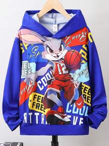 SHEIN Explorewe Tween Boy Cartoon Rabbit & Letter Graphic Hoodie - Royal Blue - View 1