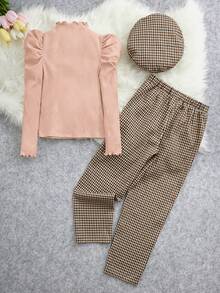 SHEIN Tween Girl Mock Neck Gigot Sleeve Tee & Gingham Print Pants & Hat - Baby Pink - View 2