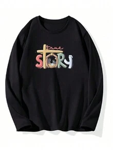 女性卡通字母印花長袖t恤 - 黑色 - 查看 3