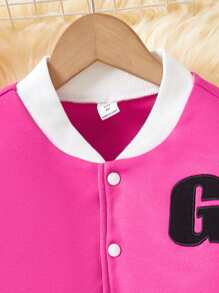 SHEIN Tween Girl Letter Graphic Colorblock Baseball Collar Jacket & Tank Dress - Hot Pink - View 5