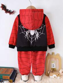 男嬰雙色蜘蛛網印花連帽衫和運動褲 - 紅色 - 查看 2