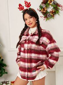 SHEIN EZwear 秋冬格纹印花落肩翻盖口袋贴布细节大衣 - 彩色 - 查看 5