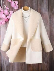 SHEIN 女大童1入組雙口袋開門襟毛絨內襯花呢外套 - 杏色 - 查看 6