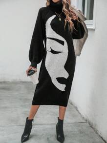 EMERY ROSE Figure Graphic Turtleneck Lantern Sleeve Sweater Dress Fall Winter Cloth For Women - Black - View 5