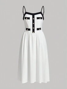 SHEIN MOD 拼接邊紐扣細節吊帶洋裝