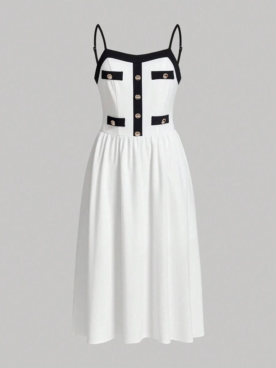 SHEIN MOD 拼接邊紐扣細節吊帶洋裝