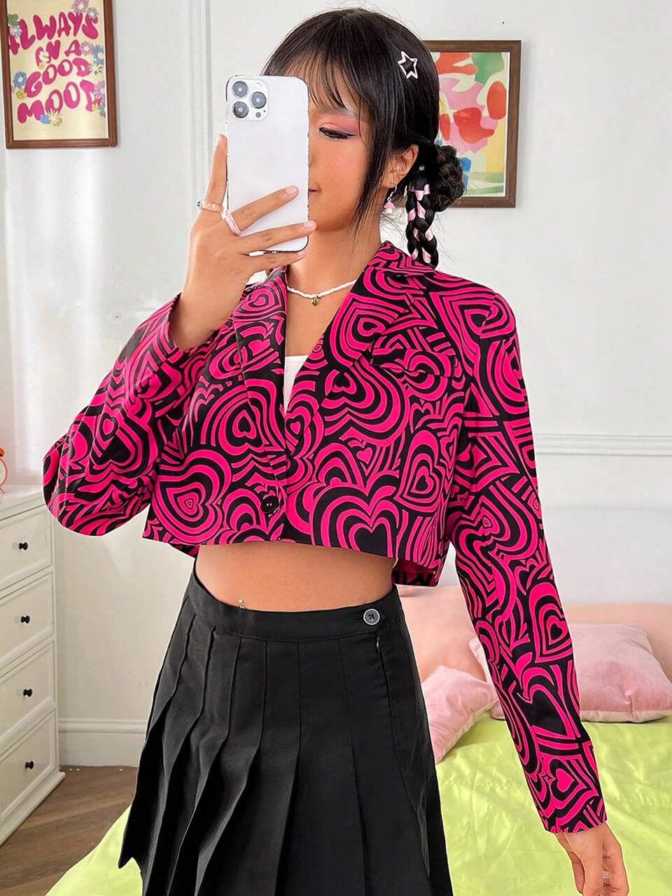 Allover Heart Print Lapel Neck Crop Blazer