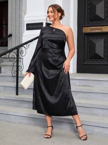 SHEIN Privé Hơn Hoa Dệt hoa Một bờ vai Tay áo kèn  Xa ten Đầm - màu đen - Xem 1