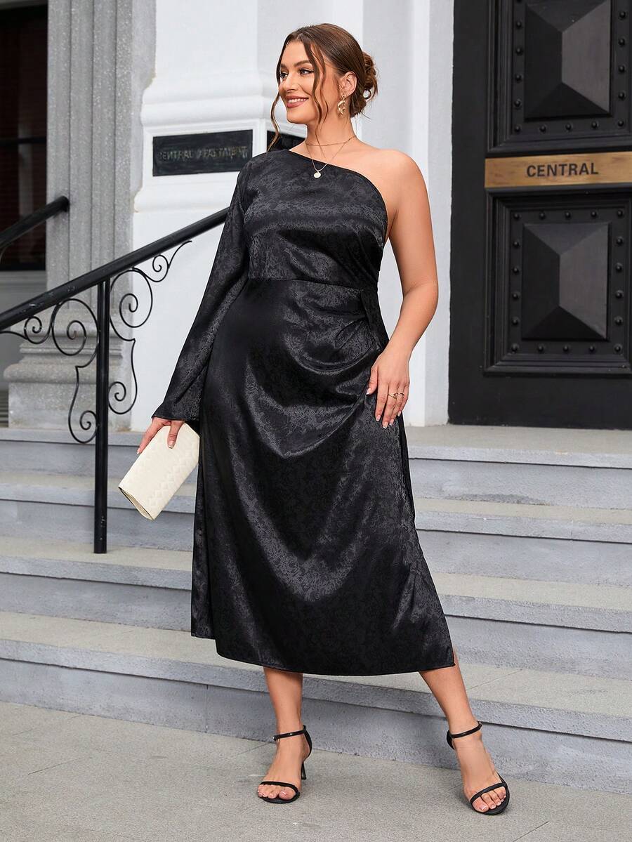 SHEIN Privé Hơn Hoa Dệt hoa Một bờ vai Tay áo kèn  Xa ten Đầm - màu đen - Xem 1