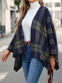 EMERY ROSE Plaid Pattern Batwing Sleeve Open Front Cape Cardigan - Multicolor - View 4