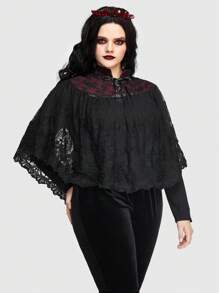 ROMWE PUNK Plus Lace Up Front Lace Cape Blouse - Black - View 1