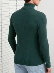 RueChic Men Solid Turtleneck Ribbed Knit Sweater - Green - View 2
