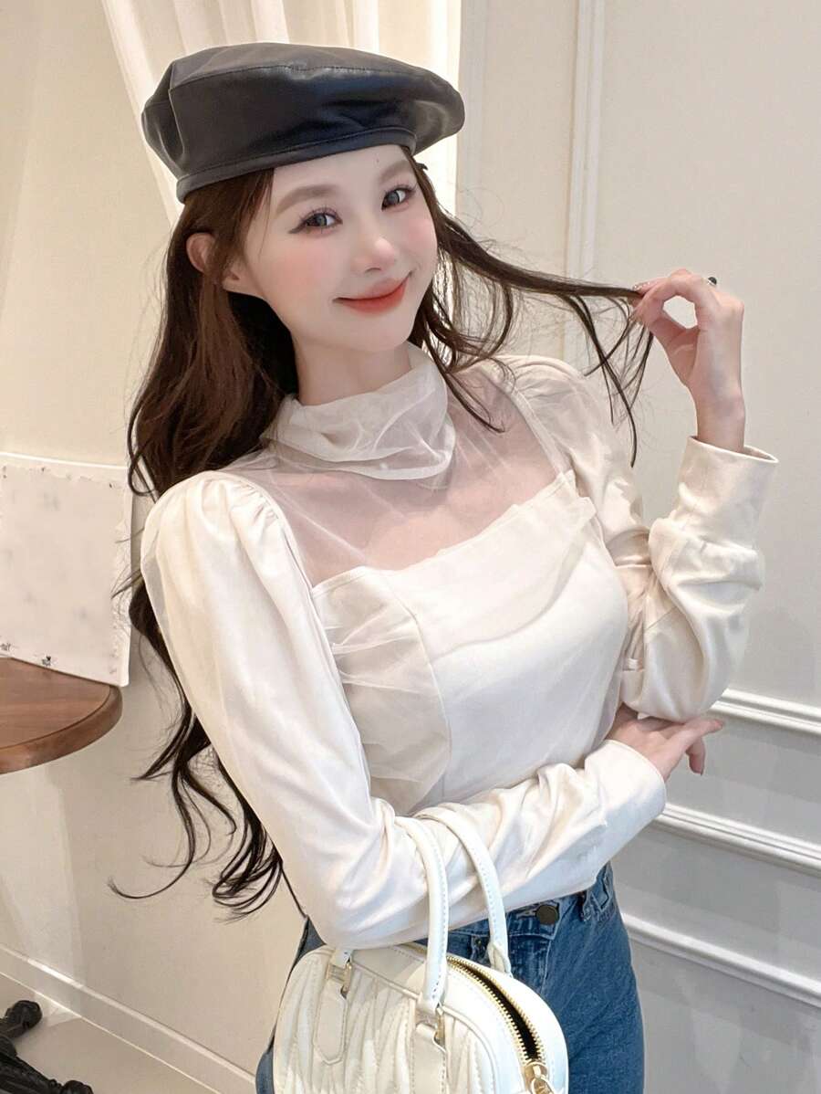 DAZY Top de cuello alto de malla unicolor - Albaricoque - Ver 1