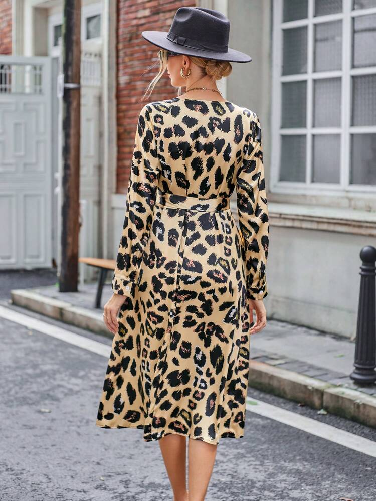 Allover Print Knot Side Wrap Dress Fall Cloth For Women