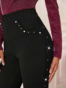 SHEIN Clasi 珍珠串珠高腰緊身打底褲 - 黑色 - 查看 5