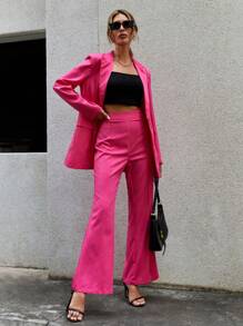 SHEIN Privé Cổ áo Áo vest & Đường may Chi tiết Quần ống loe - Màu Hồng Tươi - Xem 5