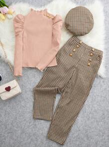 SHEIN Tween Girl Mock Neck Gigot Sleeve Tee & Gingham Print Pants & Hat - Baby Pink - View 1
