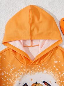SHEIN Tween Girls Halloween Print Hooded Crop Sweatshirt - Orange - View 3