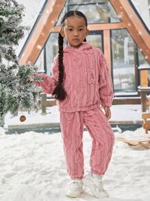Young Girl 3D Ear Design Flannel Hoodie & Pants - Pink - View 4