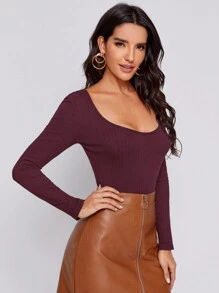 SHEIN Essnce 大圓領羅紋針織T恤連體衣 - 酒紅色 - 查看 3