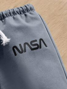 SHEIN 男嬰標語圖案運動衫&腰部抽繩長褲 - 藍白色 - 查看 3