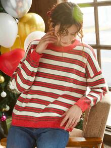 Knit Mix 條紋圖案落肩袖套頭毛衣 - 紅色 - 查看 1