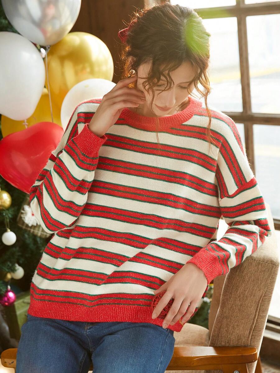Knit Mix 條紋圖案落肩袖套頭毛衣 - 紅色 - 查看 1