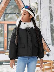 SHEIN Tween Girl's Woven Patch Pocket Hand-Stuffed Thickened Hooded Jacket,In Fall/Winter