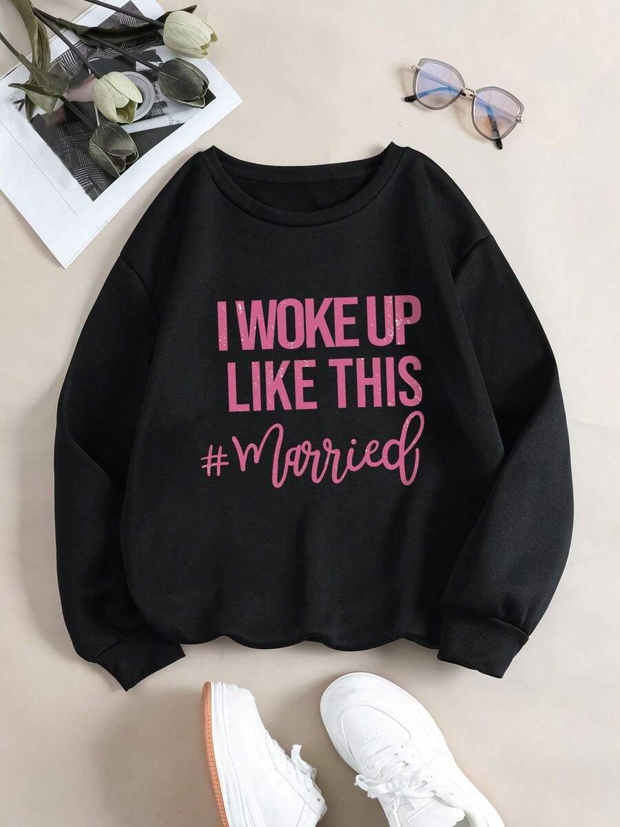 SHEIN Unity 標語圖案加絨內裏運動衫 - 黑色 - 查看 1