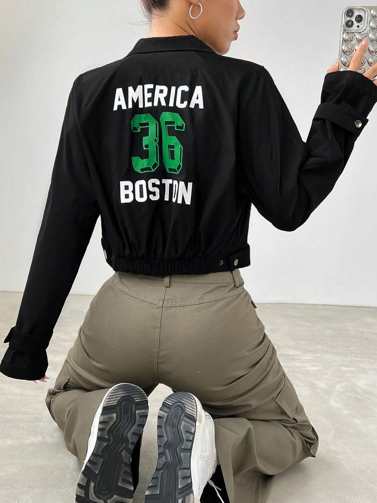 Letter Graphic Zip Up Crop Jacket