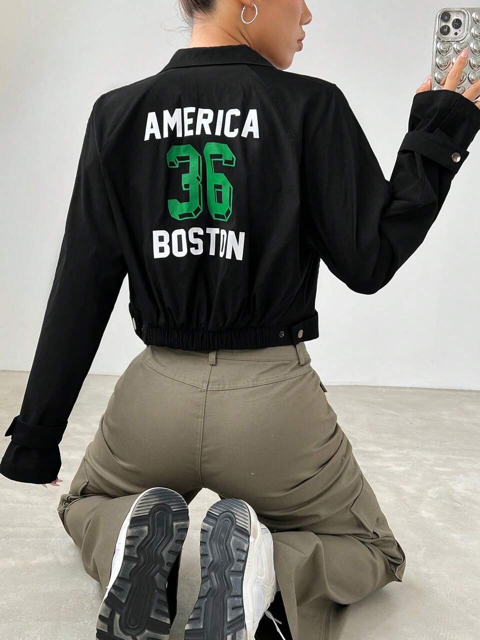 Letter Graphic Zip Up Crop Jacket