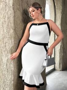 SHEIN Privé Plus Contrast Trim Ruffle Hem Cami Dress - Black and White - View 1