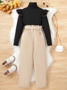 SHEIN Tween Girl Ruffle Trim High Neck Tee & Paperbag Waist Belted Pants - Black - View 2