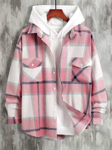 Manfinity 男士1入組格紋翻蓋口袋落肩袖襯衫