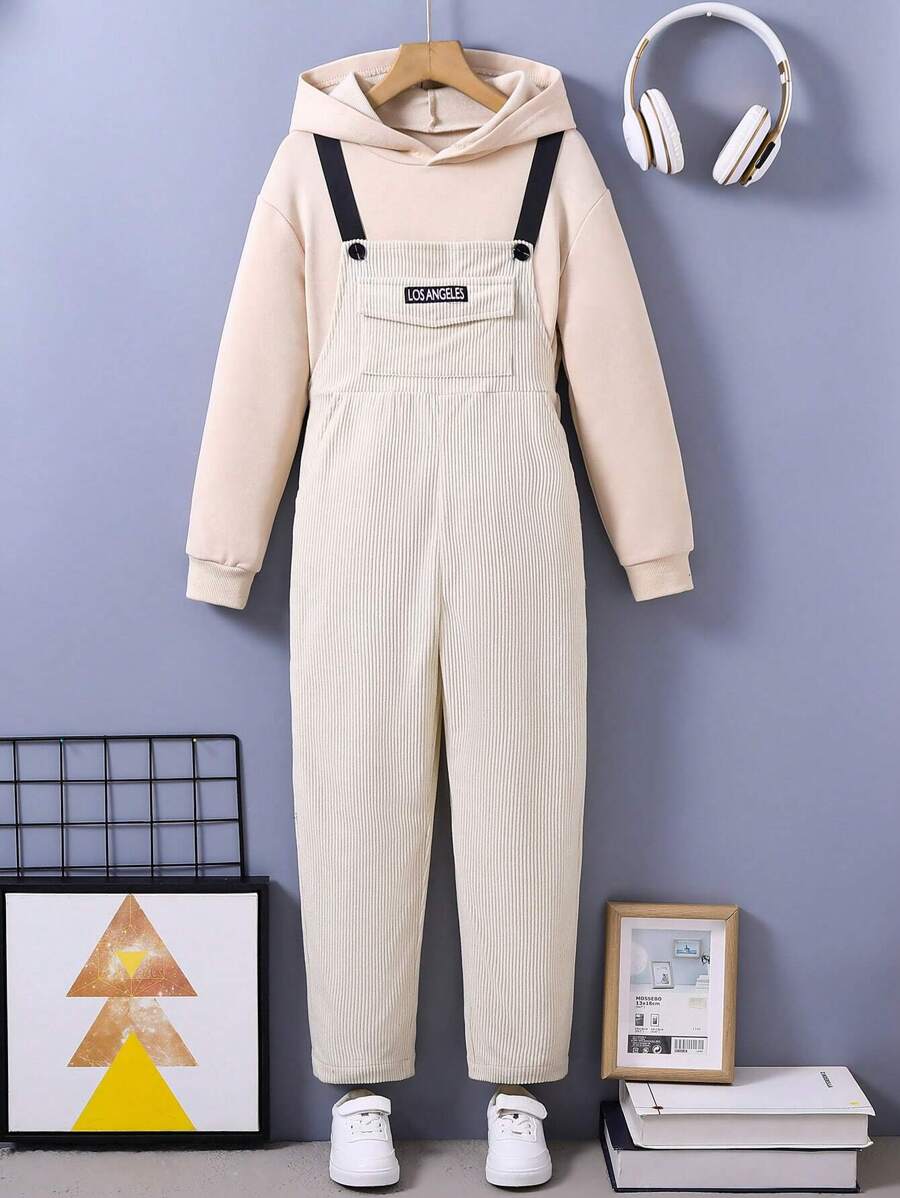 Tween Boy 1pc Letter Patched Flap Pocket Hooded Tover & 1pc Overall Jumpsuit