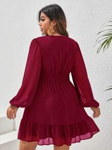 SHEIN VCAY Plus Plunging Neck Lantern Sleeve Ruffle Hem Dress - Burgundy - View 2