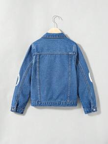SHEIN Cậu bé Tween 1 Miếng Đồ họa Chữ cái Túi có nắp Áo khoác denim - Rửa tối - Xem 2