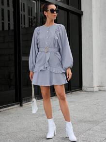 GENKIRA In sọc Tay áo lồng đèn Viền Ruffle Váy có thắt lưng - Xanh và trắng - Xem 4