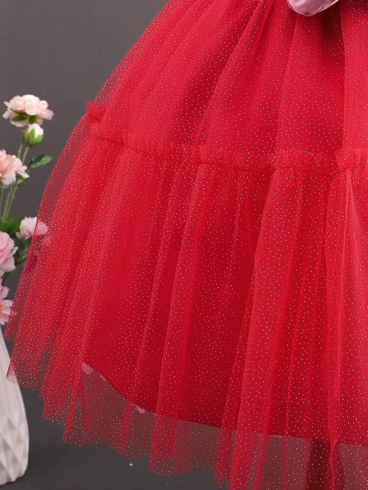 SHEIN 女大童前蝴蝶結網紗覆蓋晚禮服適用於聖誕 - 紅色 - 查看 6