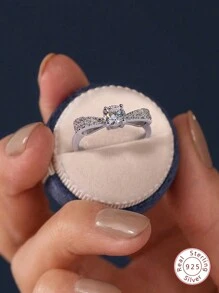 1入組莫桑鑽綁結蝴蝶結訂婚戒指婚戒適合女士S925純銀優雅定情戒指永恆圓環週年紀念日圓環情人節奢華女士們首飾類禮物 - 銀色 - 查看 4