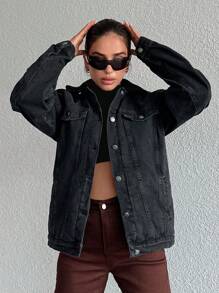 EURMUSE Flap Detail Drop Shoulder Denim Jacket - Dark Grey - View 4